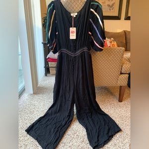 ENTRO New With Tags Black Cropped Jumpsuit Puff Sleeve With Crochet Ribbons US L